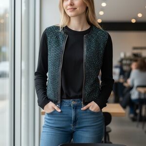 Elie Tahari Black and Blue Speckled Lightweight Wool Sweater